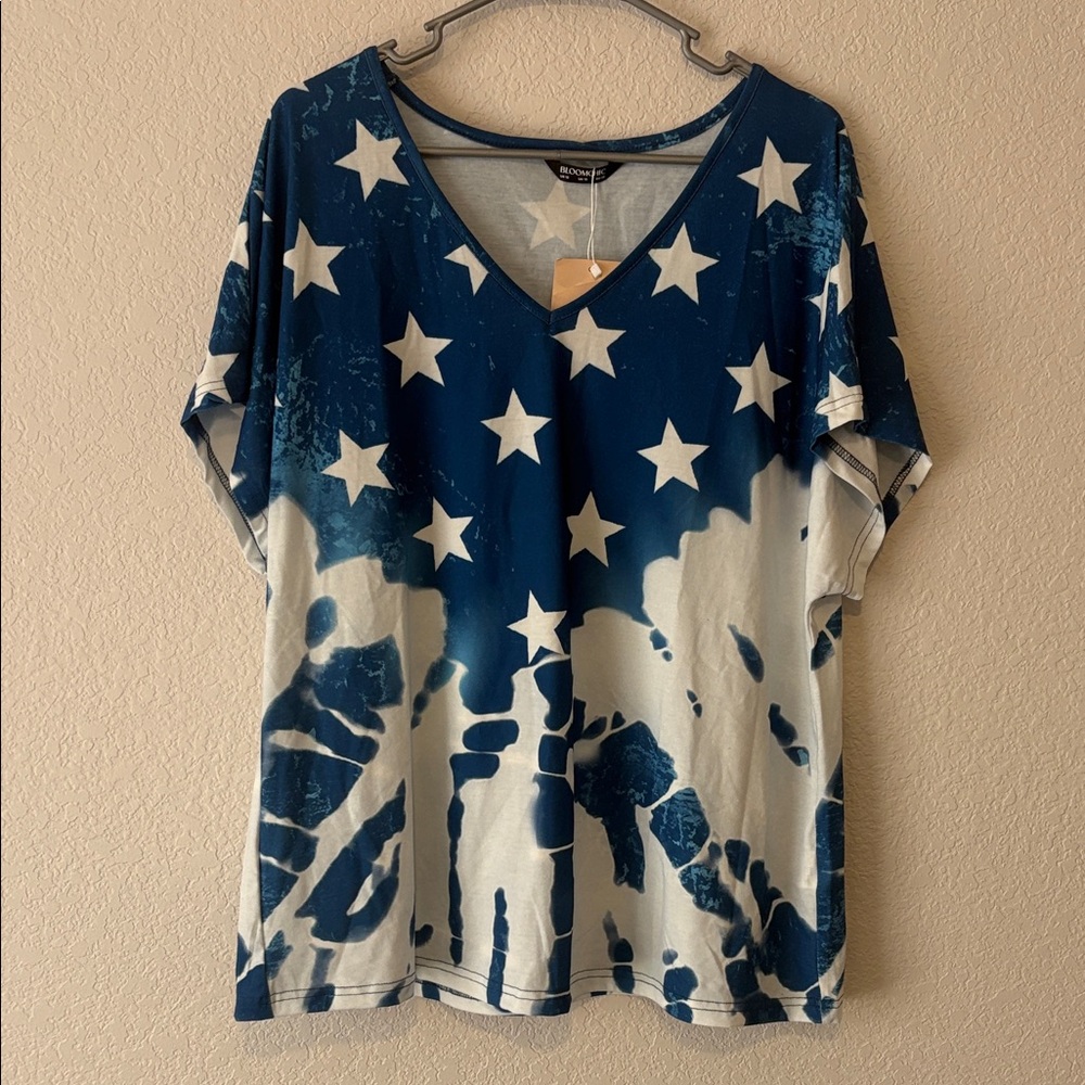 Blue & White Star Tie-Dye V-Neck Tee